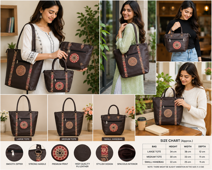 Hand embossed Shantiniketan leather brown tote and handbag set for women