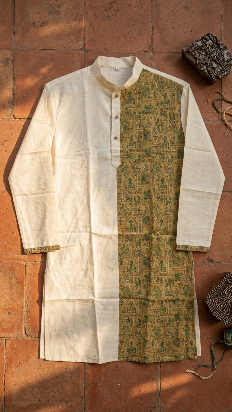 Men wearing handcrafted Madhubani print cotton kurta in ivory ethnic design