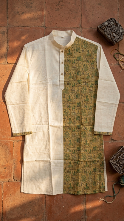 Men wearing handcrafted Madhubani print cotton kurta in ivory ethnic design