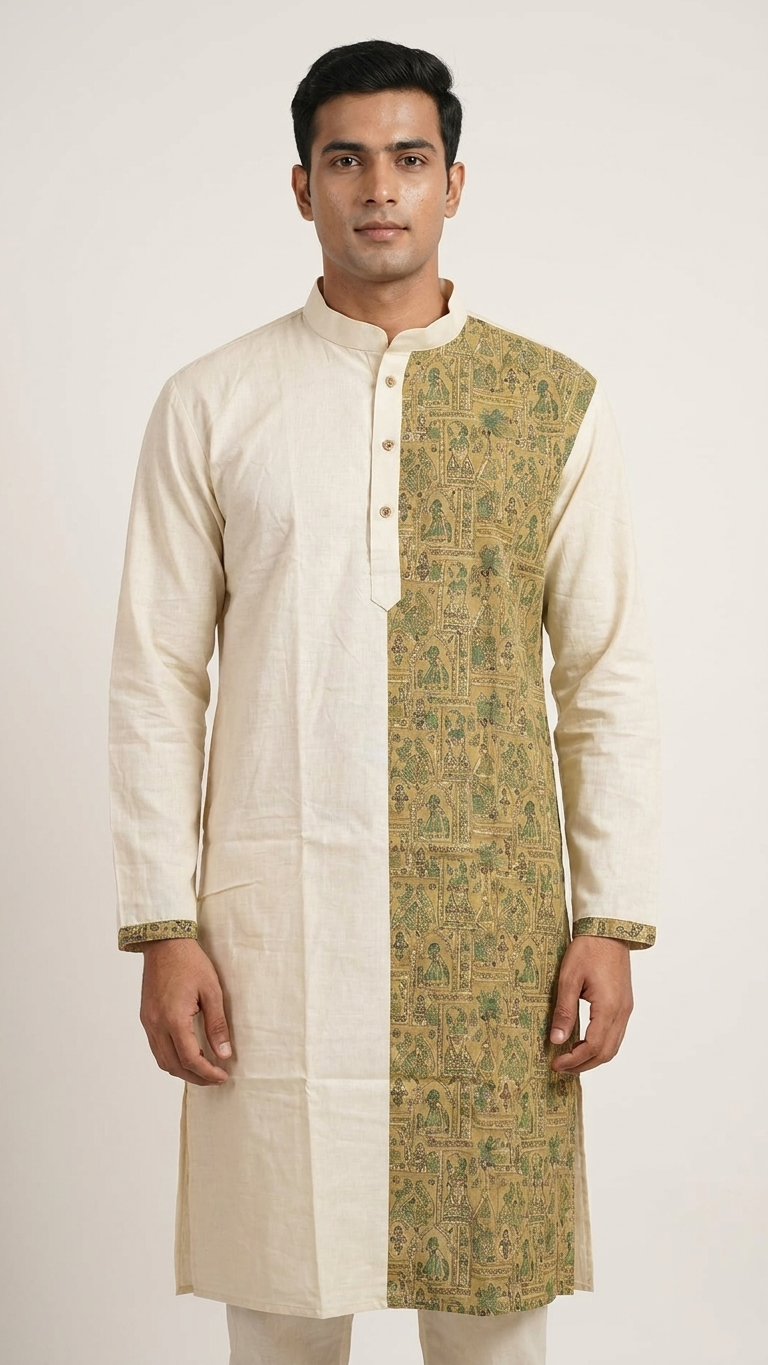 Men wearing handcrafted Madhubani print cotton kurta in ivory ethnic design