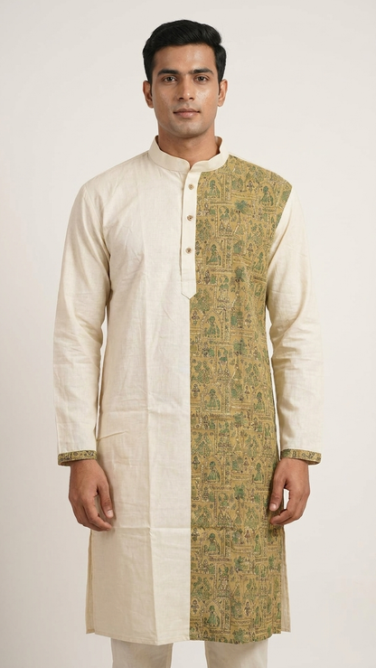 Men wearing handcrafted Madhubani print cotton kurta in ivory ethnic design