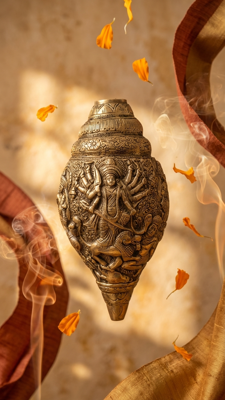Handcrafted Dokra Durga Shankh Showpiece featuring Maa Durga Mahishasura Mardini in antique brass, made using the traditional Lost-Wax casting technique by Indian artisans.