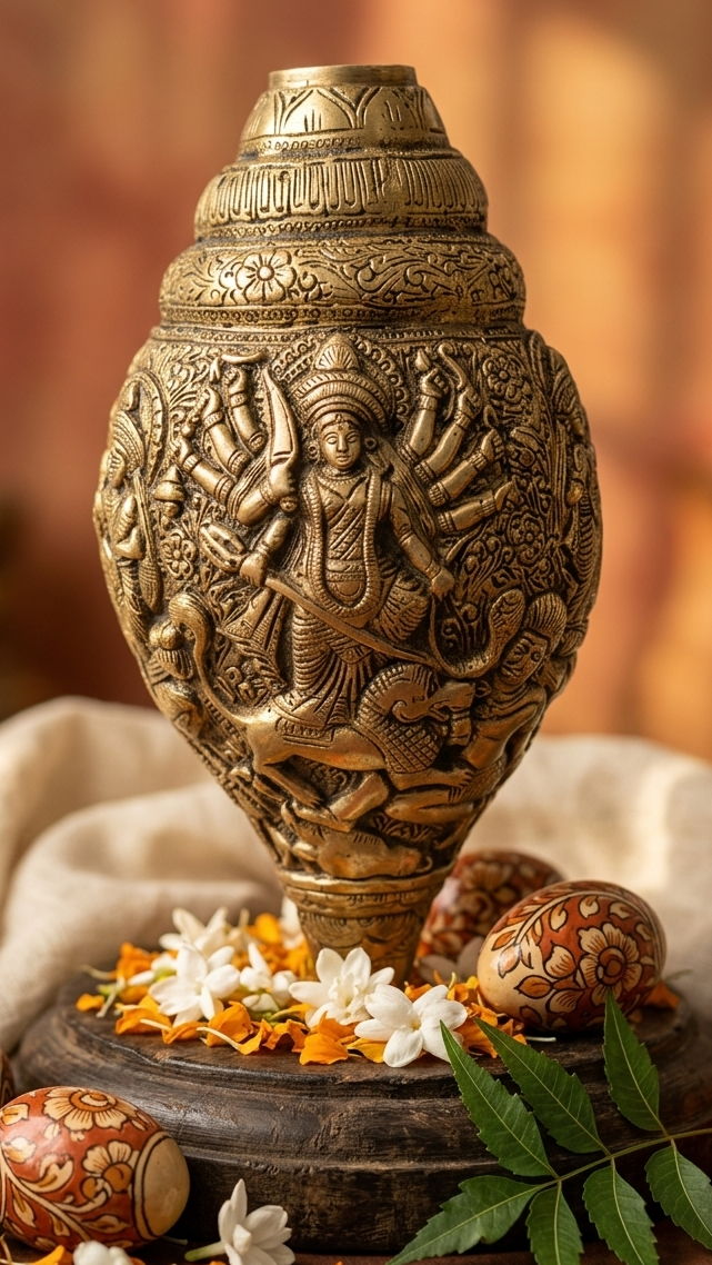 Handcrafted Dokra Durga Shankh Showpiece featuring Maa Durga Mahishasura Mardini in antique brass, made using the traditional Lost-Wax casting technique by Indian artisans.
