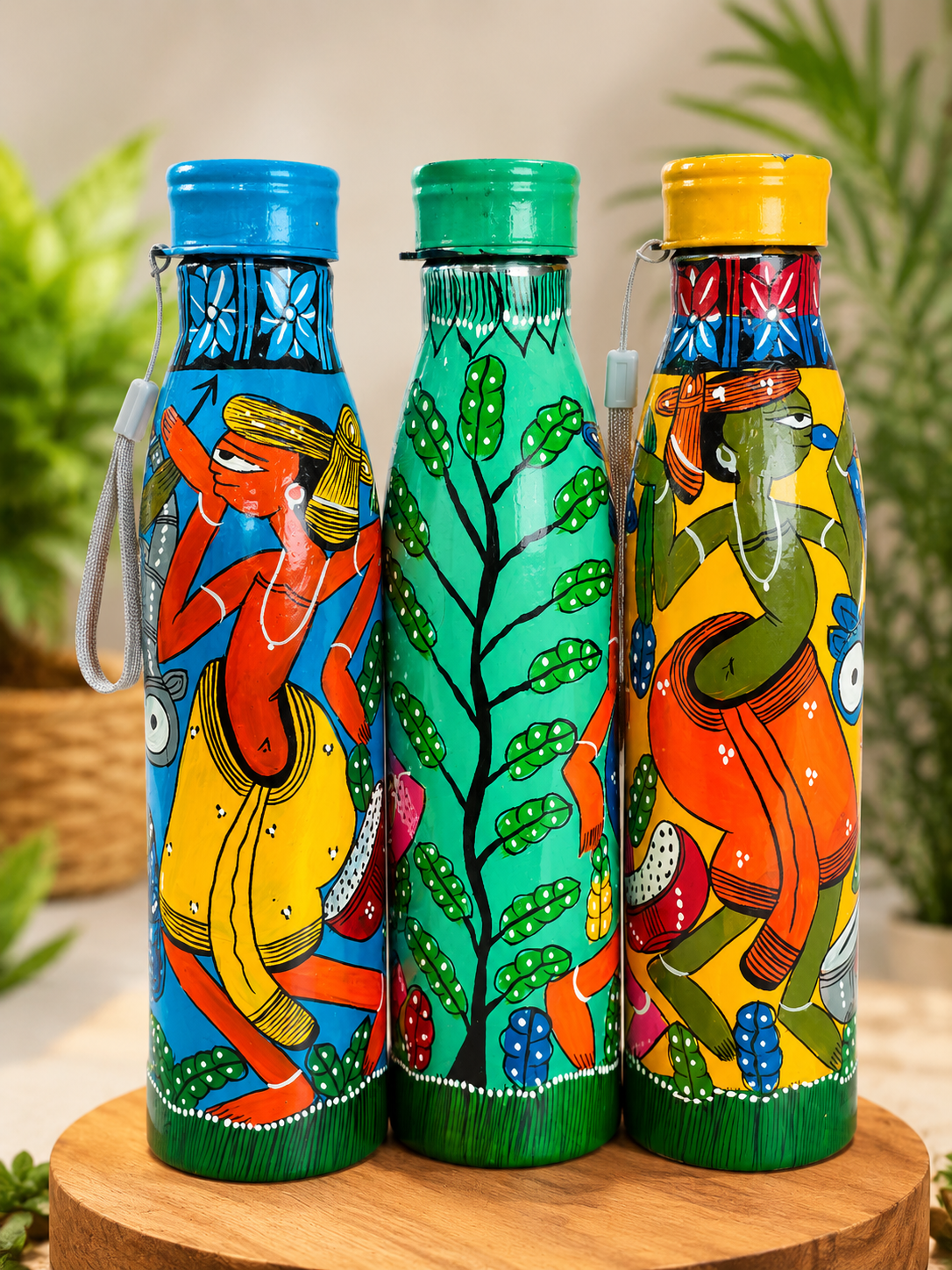 Pattachitra Handpainted Steel Water Bottle 1 Litre – Sustainable Bengal Art