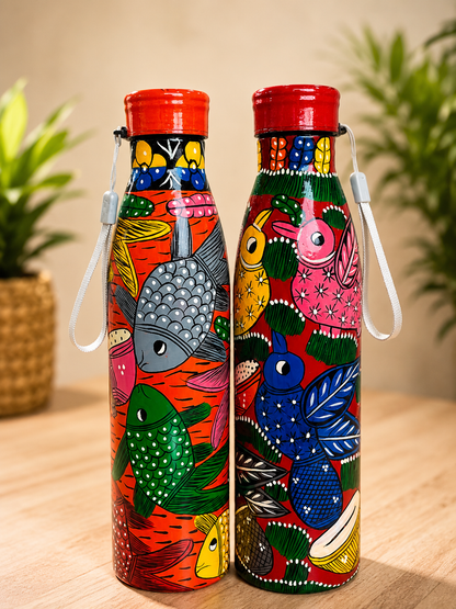 Pattachitra Handpainted Steel Water Bottle 1 Litre – Sustainable Bengal Art