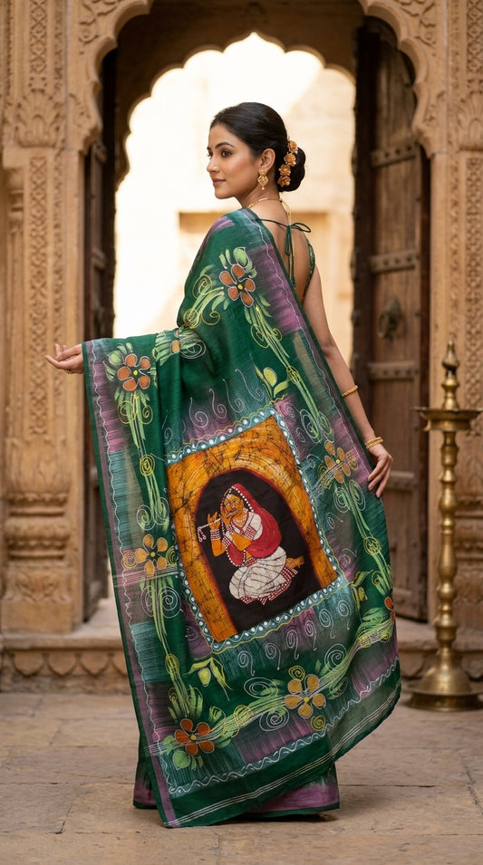 Woman wearing a handcrafted Green hand-painted Batik handloom saree with folk art motifs