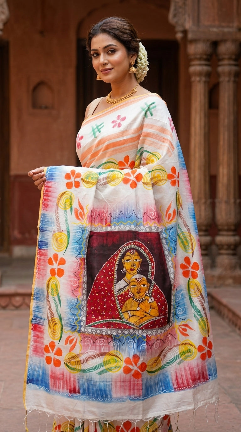 Woman wearing a handcrafted white hand-painted Batik handloom saree with folk art motifs