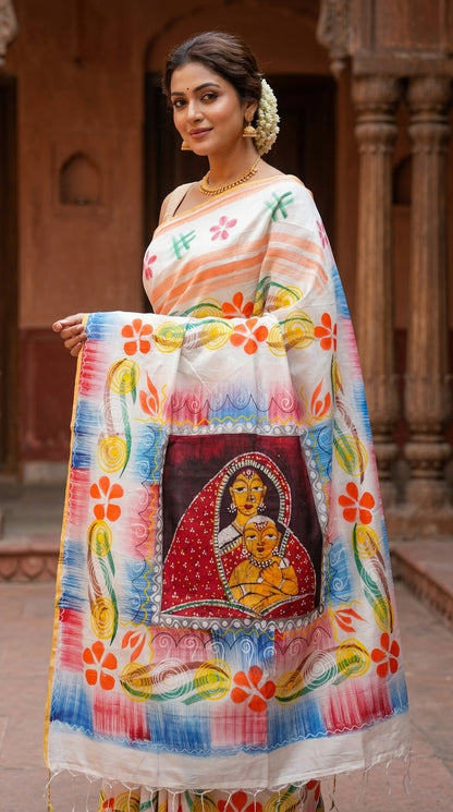 Woman wearing a handcrafted white hand-painted Batik handloom saree with folk art motifs