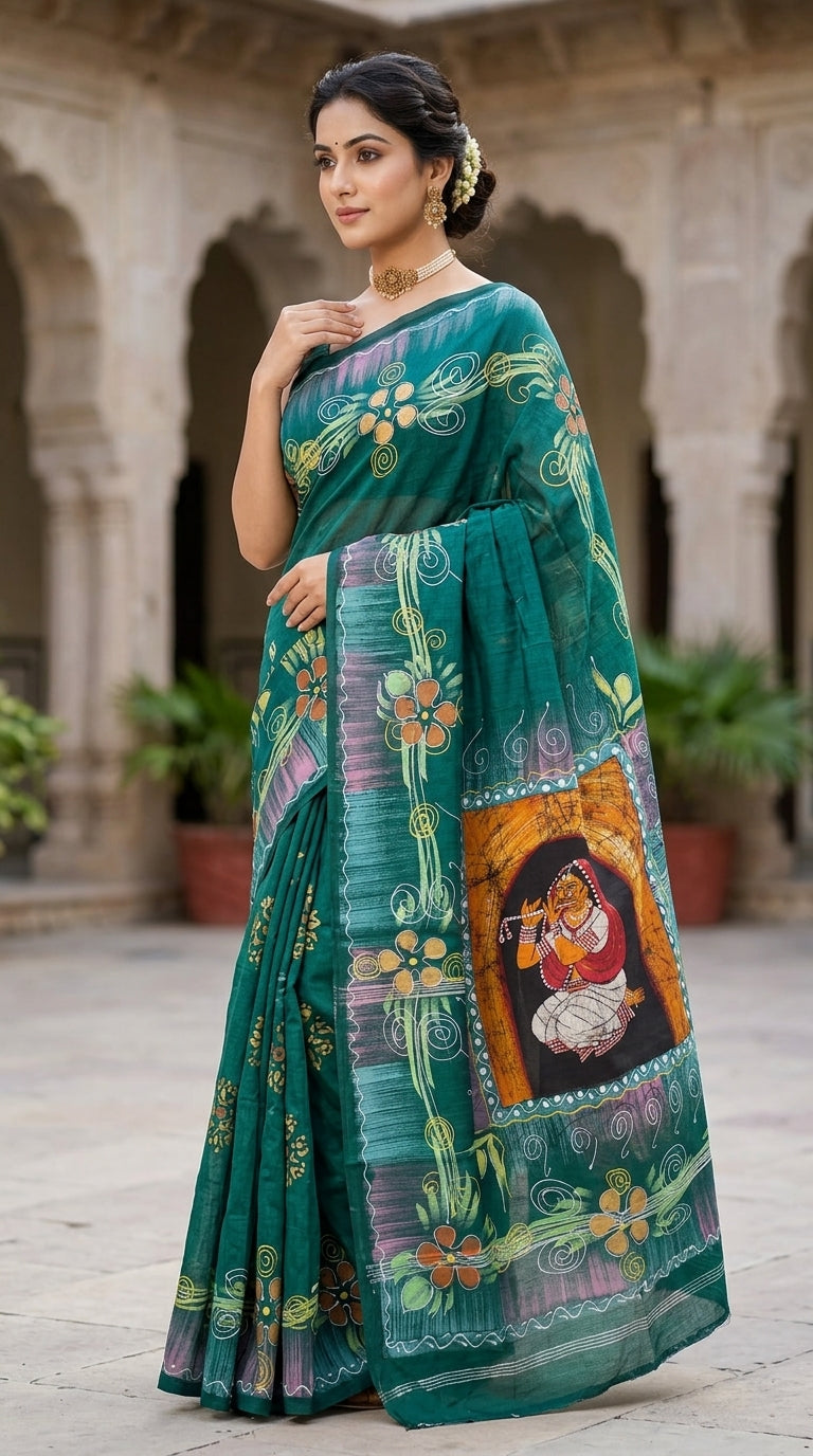 Woman wearing a handcrafted blue hand-painted Batik handloom saree with folk art motifs