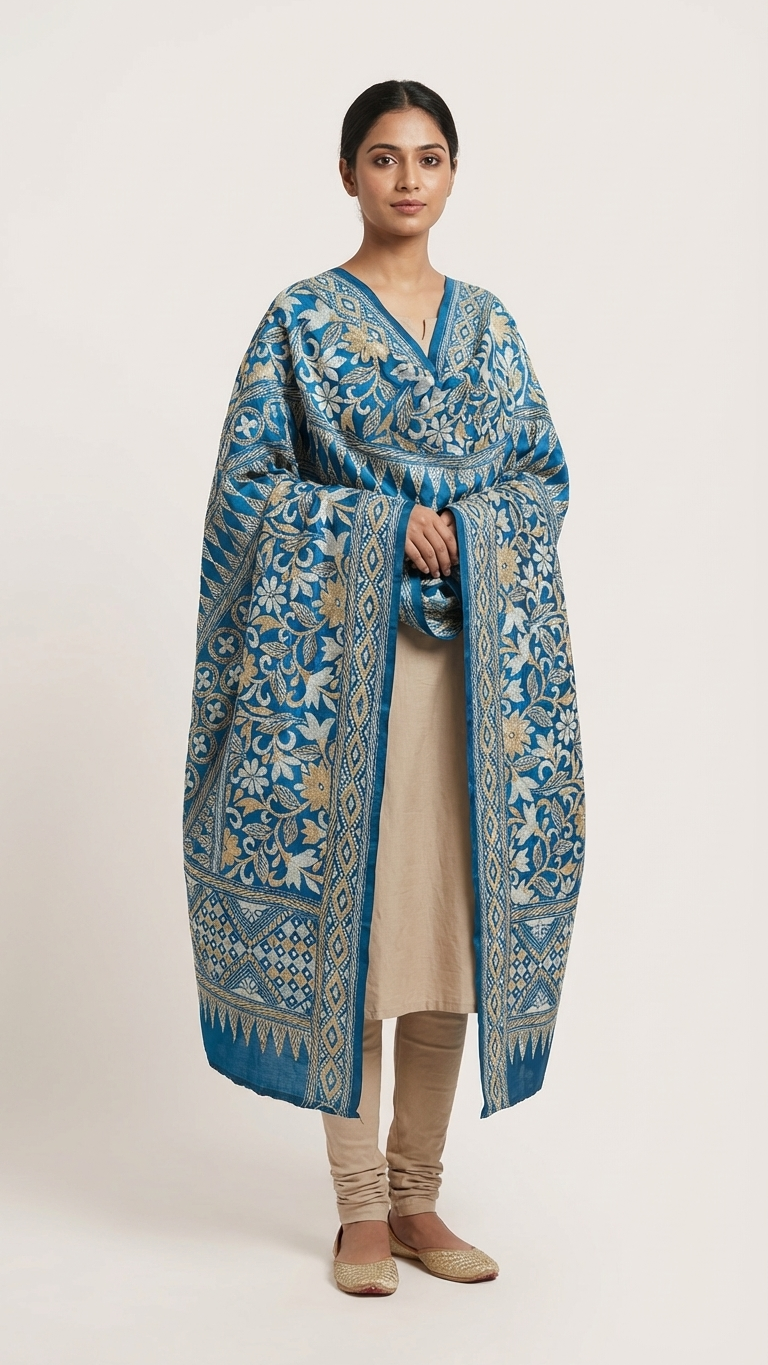 Royal Blue Premium Kantha Stitch Handcrafted Stole