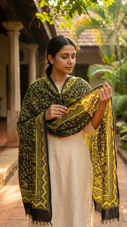 Handcrafted Premium Kantha Stitch Stole – Black & Mustard Ethnic Design