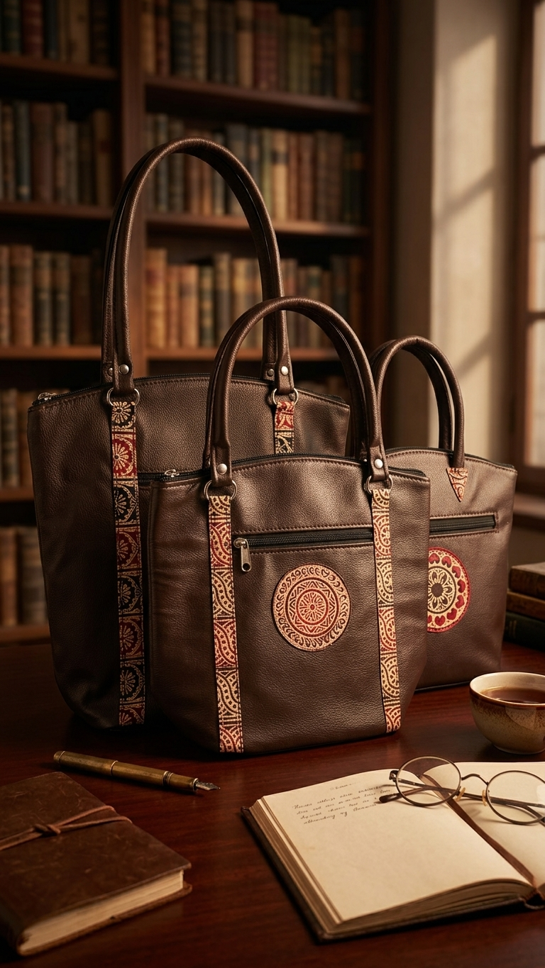 Hand Embossed Shantiniketan Leather Indian Bag Set (Brown & Black) – Set of 3