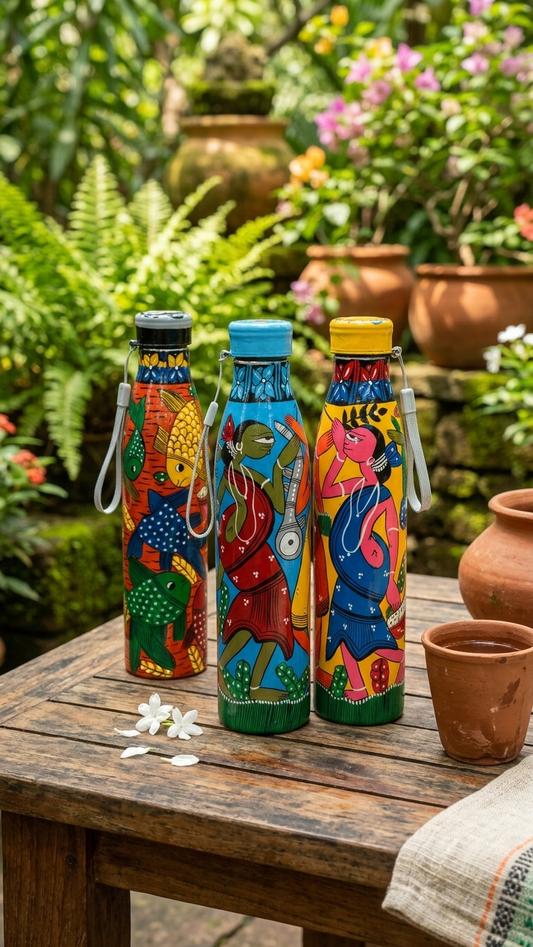 Pattachitra Handpainted Steel Water Bottle 1 Litre – Sustainable Bengal Art