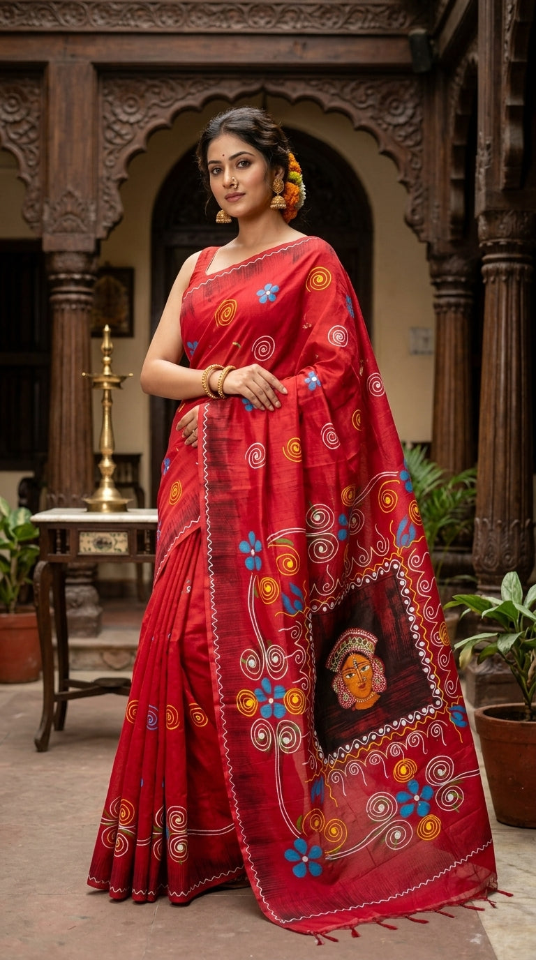 Woman wearing a handcrafted red hand-painted Batik handloom saree with folk art motifs