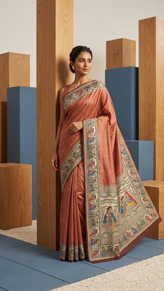 Woman wearing handcrafted Tussar Silk Kalamkari Saree with Madhubani folk art border