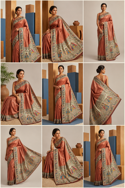 Woman wearing handcrafted Tussar Silk Kalamkari Saree with Madhubani folk art border