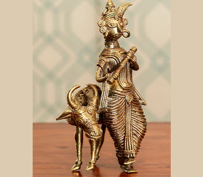 Crafted in Dokra from Burdwan - Lord Krishna and Kamdhenu