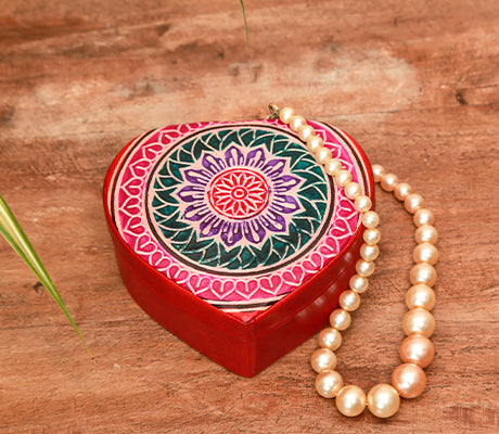 Embossed Leather Jewelry Box with Mirror - Mandal on Brown