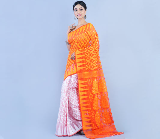 Handloom Jamdani Saree - Orange and White - ArtisanSoul