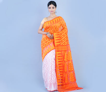 Handloom Jamdani Saree - Orange and White - ArtisanSoul