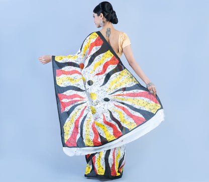 Printed Cotton Handloom Saree - Yellow Red Black On White - ArtisanSoul