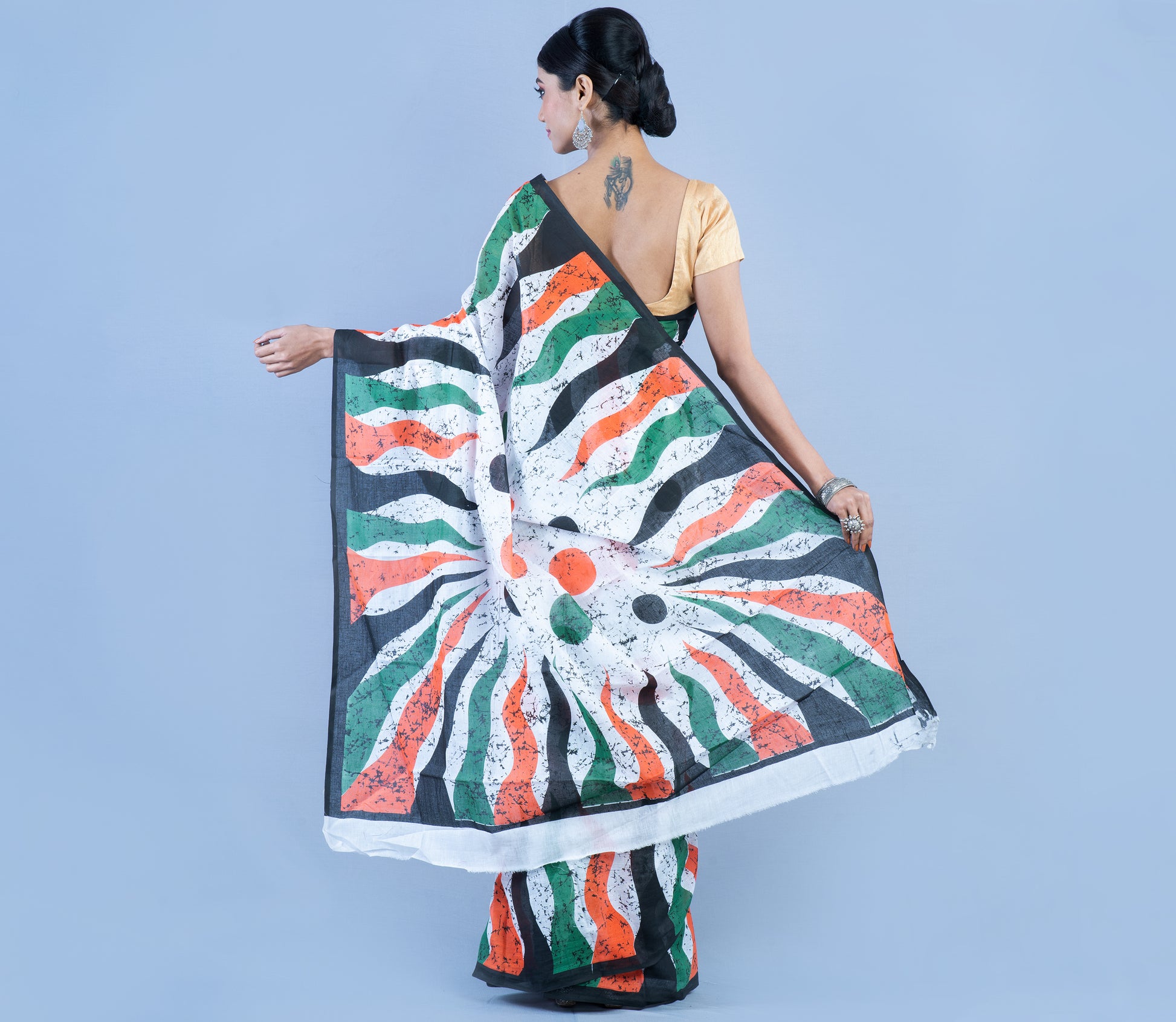 Handloom Printed Cotton Saree - Green Black Orange on White - ArtisanSoul