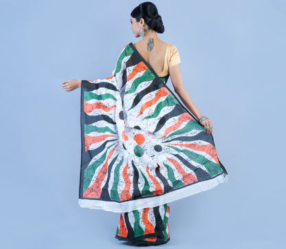 Handloom Printed Cotton Saree - Green Black Orange on White - ArtisanSoul