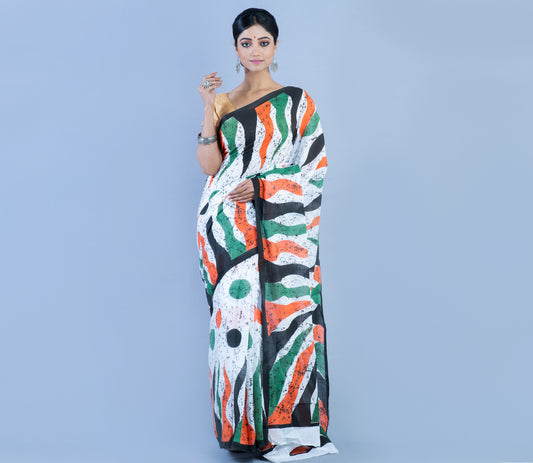 Handloom Printed Cotton Saree - Green Black Orange on White - ArtisanSoul