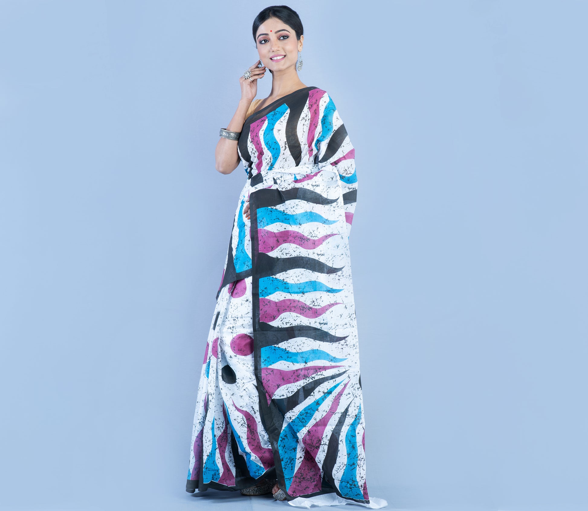 Handloom Printed Cotton Saree - Purple Blue Black on White - ArtisanSoul