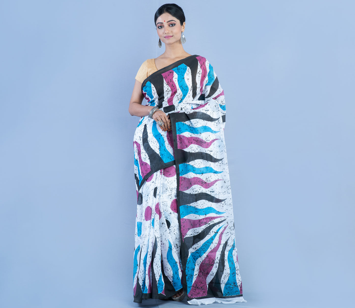Handloom Printed Cotton Saree - Purple Blue Black on White - ArtisanSoul
