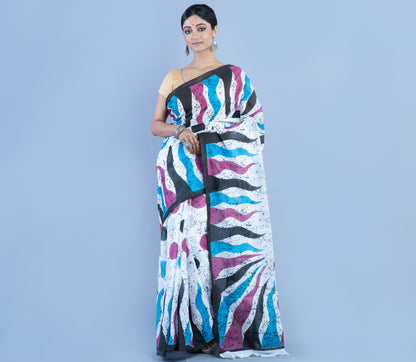 Handloom Printed Cotton Saree - Purple Blue Black on White - ArtisanSoul