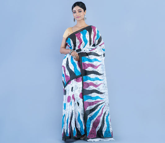 Handloom Printed Cotton Saree - Purple Blue Black on White - ArtisanSoul