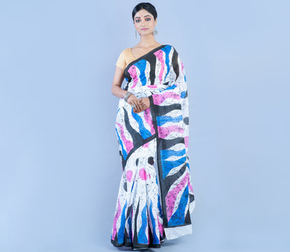 Printed handloom Cotton Saree - Pink Blue Black On White - ArtisanSoul