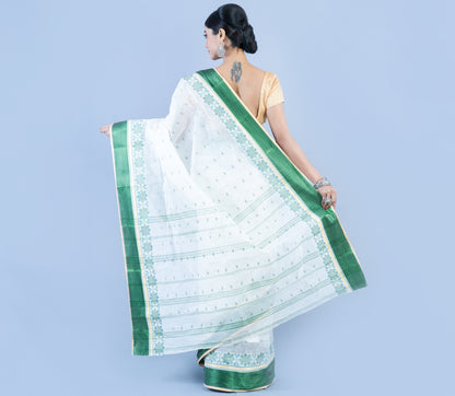 Handloom Tant Saree - Green On White - ArtisanSoul