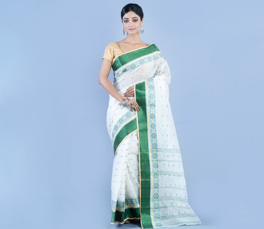 Handloom Tant Saree - Green On White - ArtisanSoul