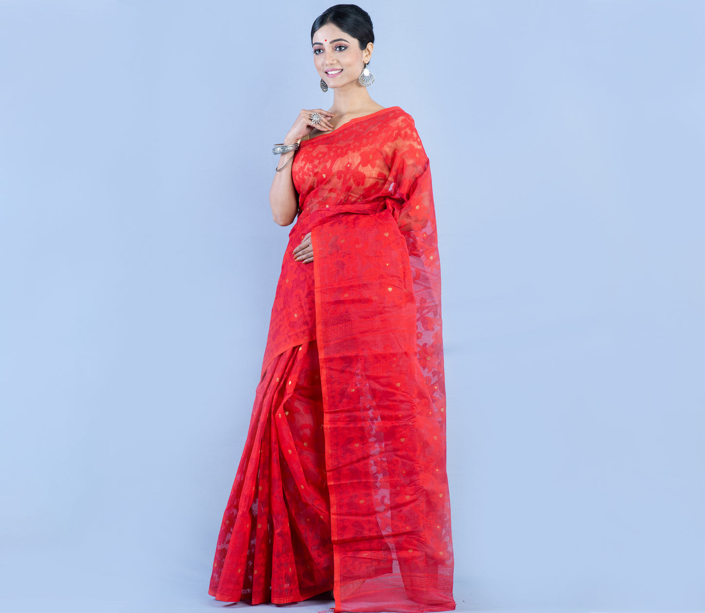 Handloom Jamdani Saree With all Body Work - Red - ArtisanSoul