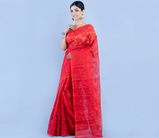 Handloom Jamdani Saree With all Body Work - Red - ArtisanSoul