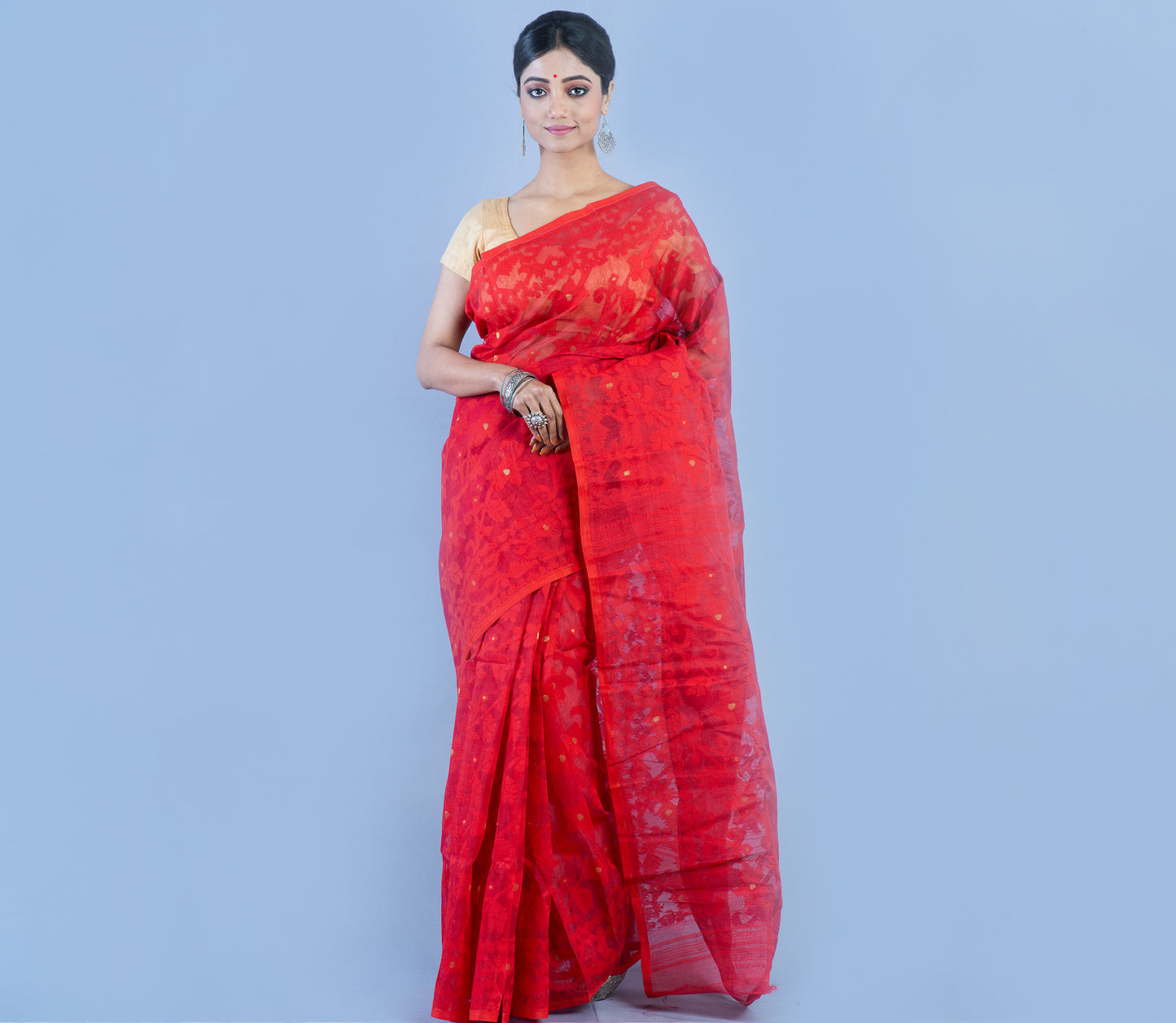Handloom Jamdani Saree With all Body Work - Red - ArtisanSoul