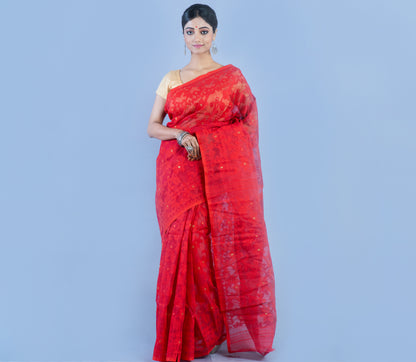 Handloom Jamdani Saree With all Body Work - Red - ArtisanSoul