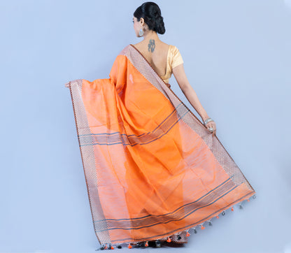 Handloom Saree - Orange with Checkered Zari Par - ArtisanSoul