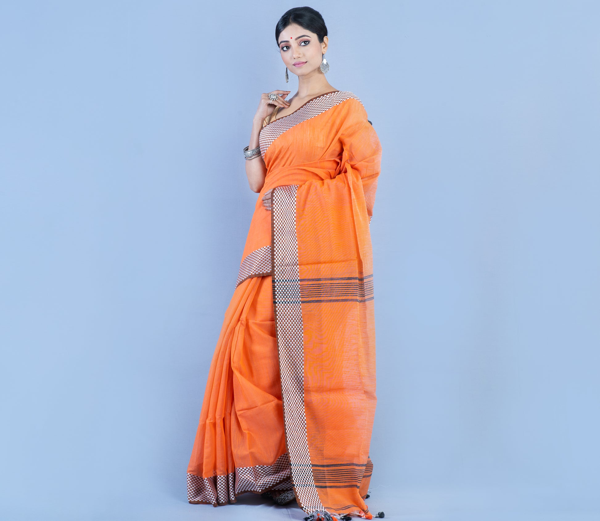 Handloom Saree - Orange with Checkered Zari Par - ArtisanSoul
