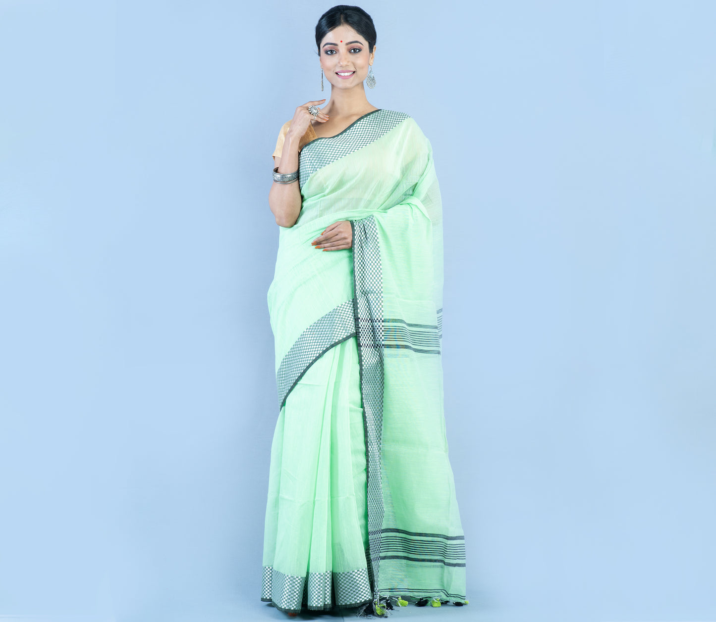 Handloom Saree - light Green With Checkered Zari Par - ArtisanSoul