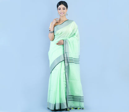 Handloom Saree - light Green With Checkered Zari Par - ArtisanSoul