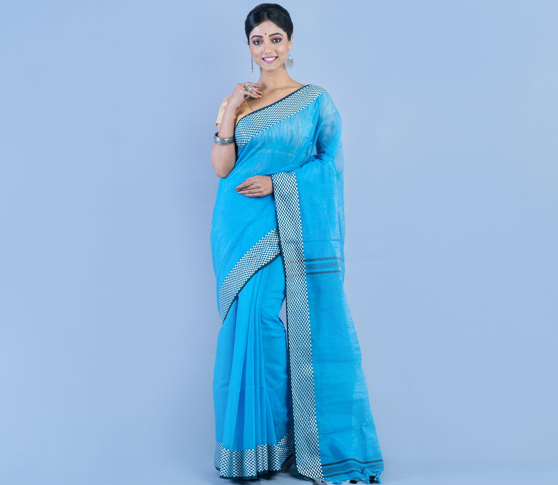 Handloom Saree - Blue With Checkered Zari Par - ArtisanSoul