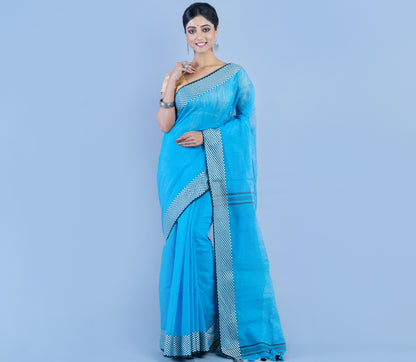 Handloom Saree - Blue With Checkered Zari Par - ArtisanSoul