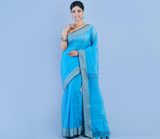 Handloom Saree - Blue With Checkered Zari Par - ArtisanSoul