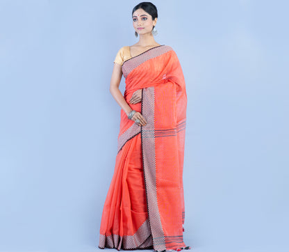 Handloom Saree - Red with Checkered Zari Par - ArtisanSoul