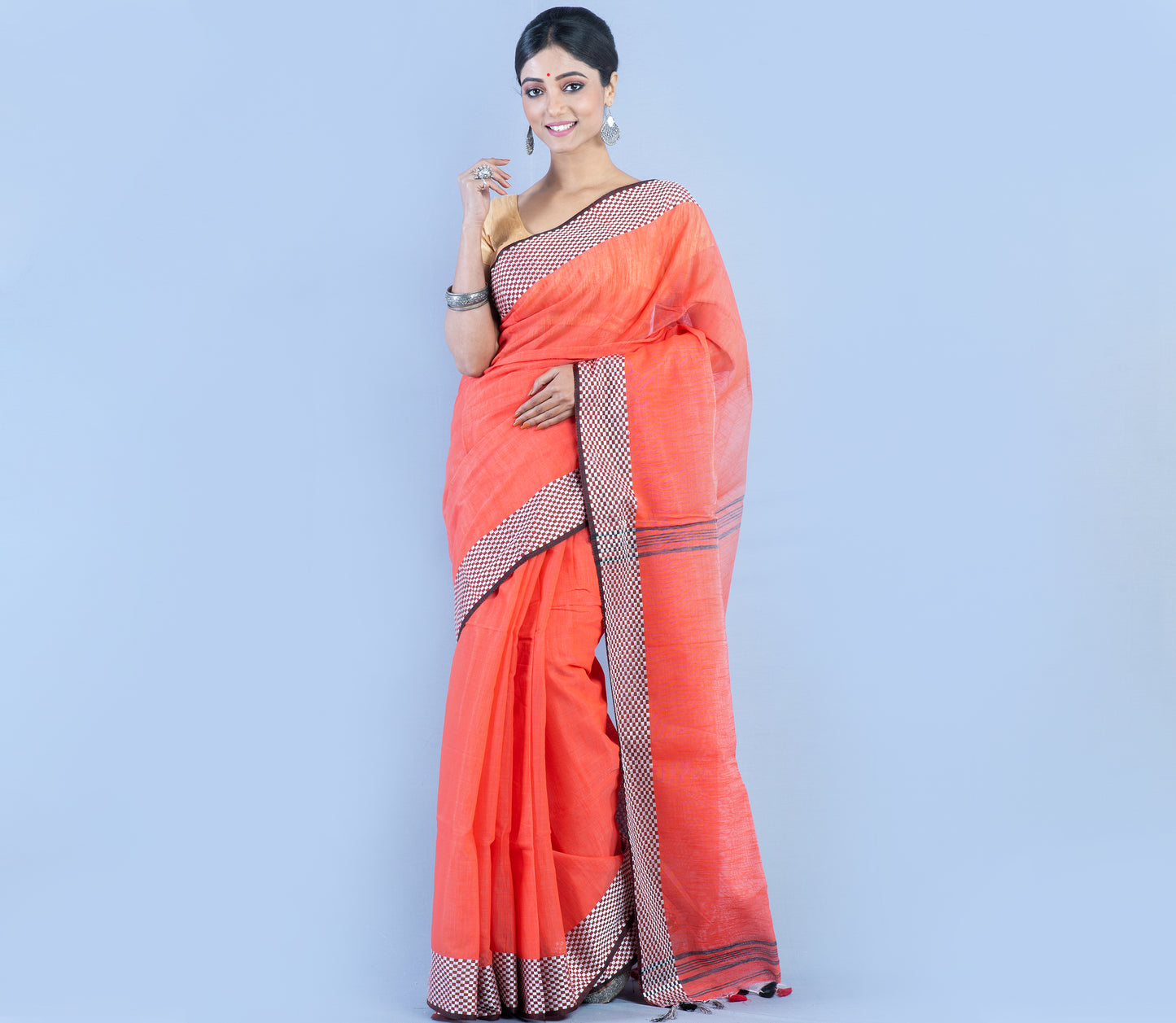 Handloom Saree - Red with Checkered Zari Par - ArtisanSoul