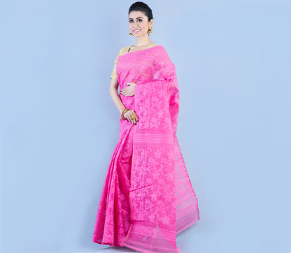 Handloom Jamdani Saree With all Body Work - Pink - ArtisanSoul
