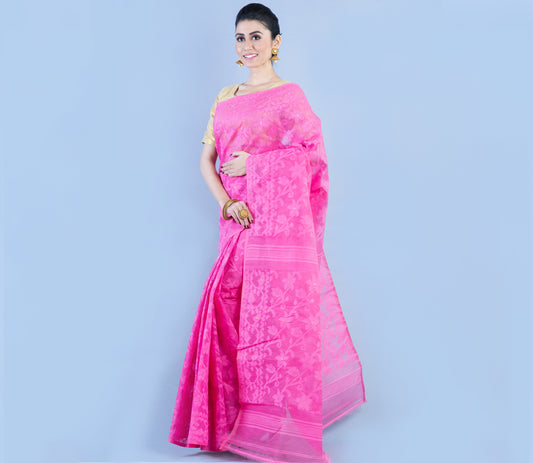 Handloom Jamdani Saree With all Body Work - Pink - ArtisanSoul